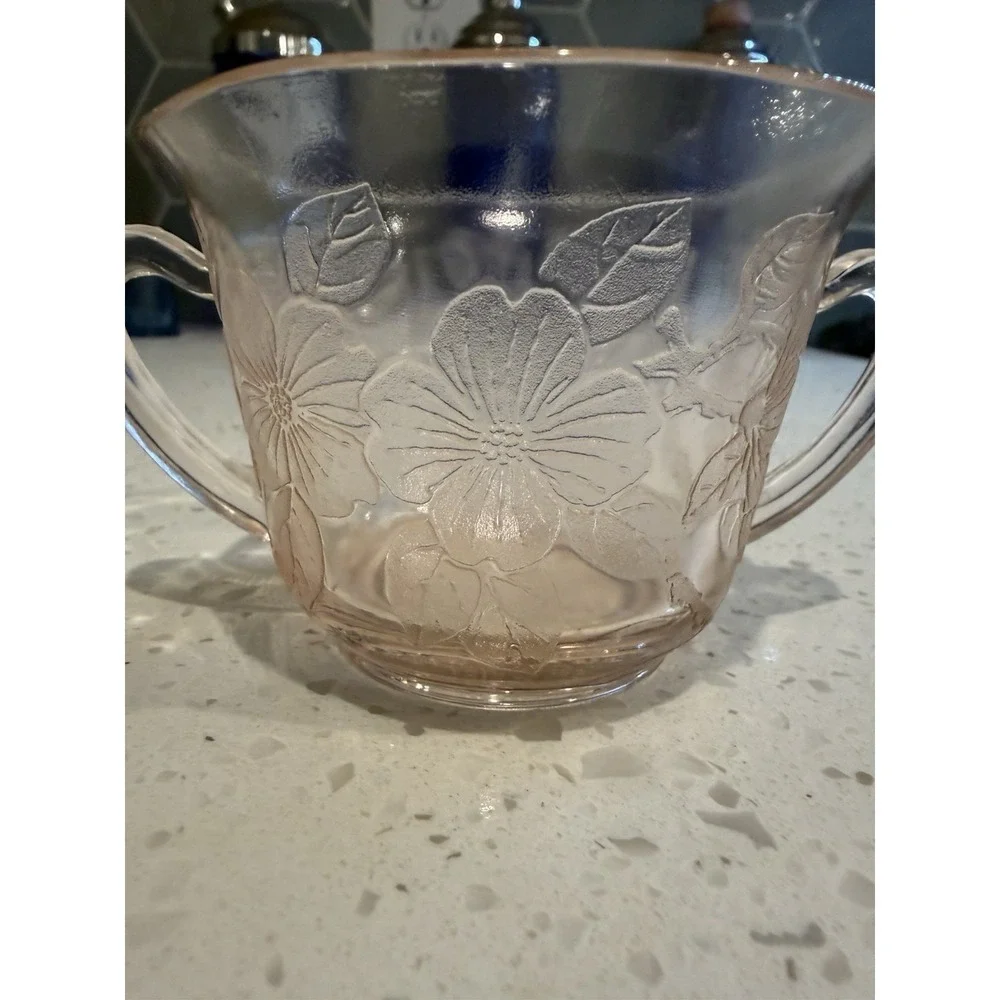 Macbeth Evans Pink Dogwood Apple Blossom Thin Flat Sugar Bowl Depression Glass